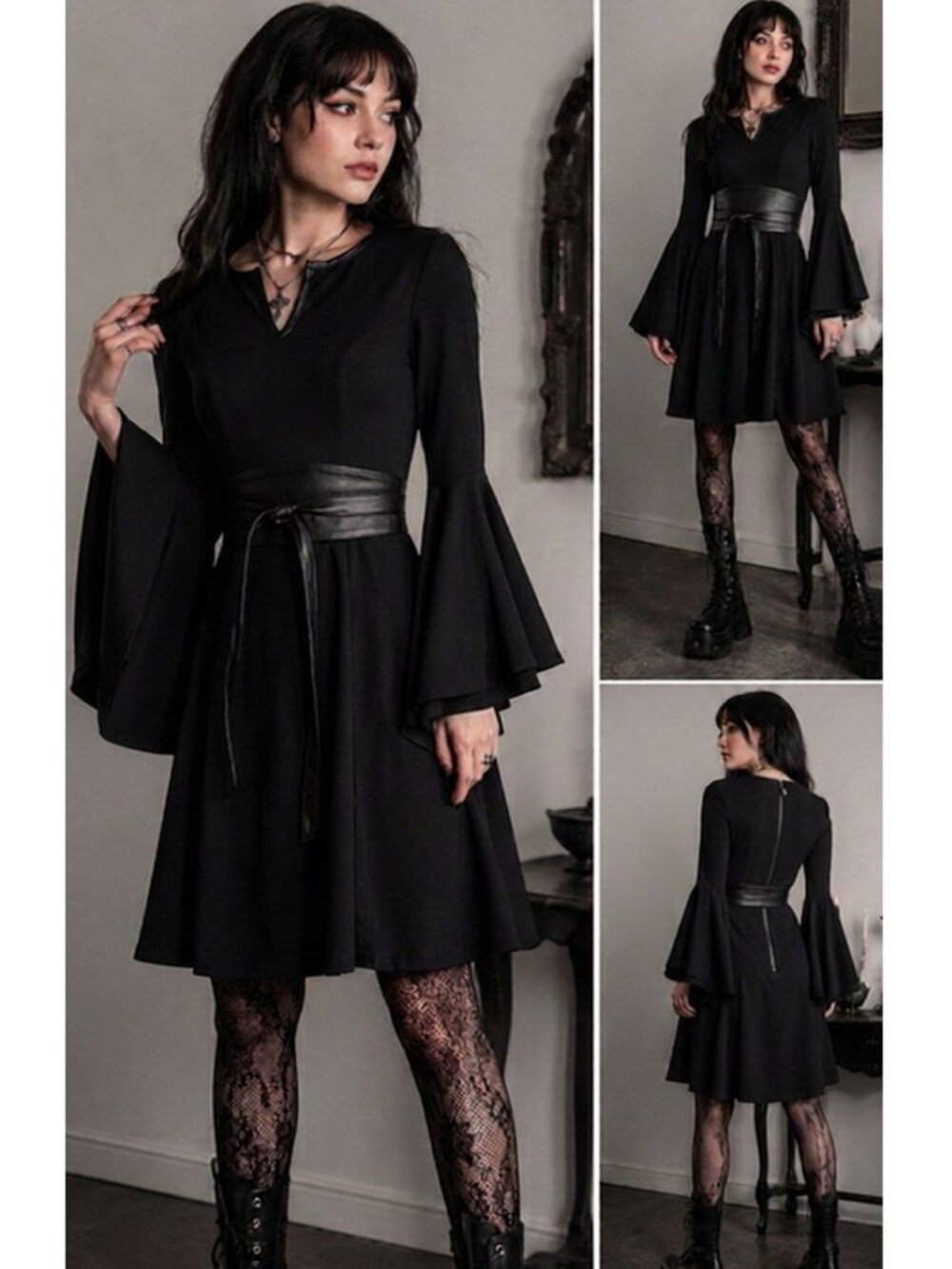 Whimsygoth Black Dress Faux Leather Waist Bell Sleeves NWOT Size 6